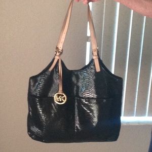 Michael Kors black patent leather snake print tote